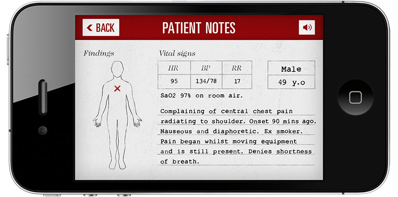 Mobile Medic patient notes screen with vital signs and reported symptoms.